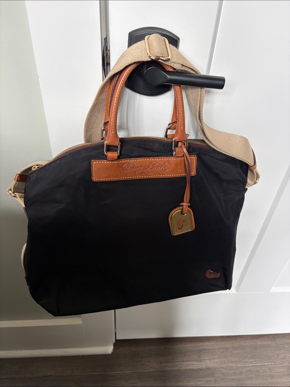 Dooney & Bourke Black Nylon  Bag with Brown Leather Trim and Beige Strap